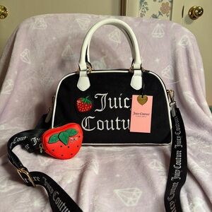 Juicy Couture Black and White Satchel with Red Strawberry Accent